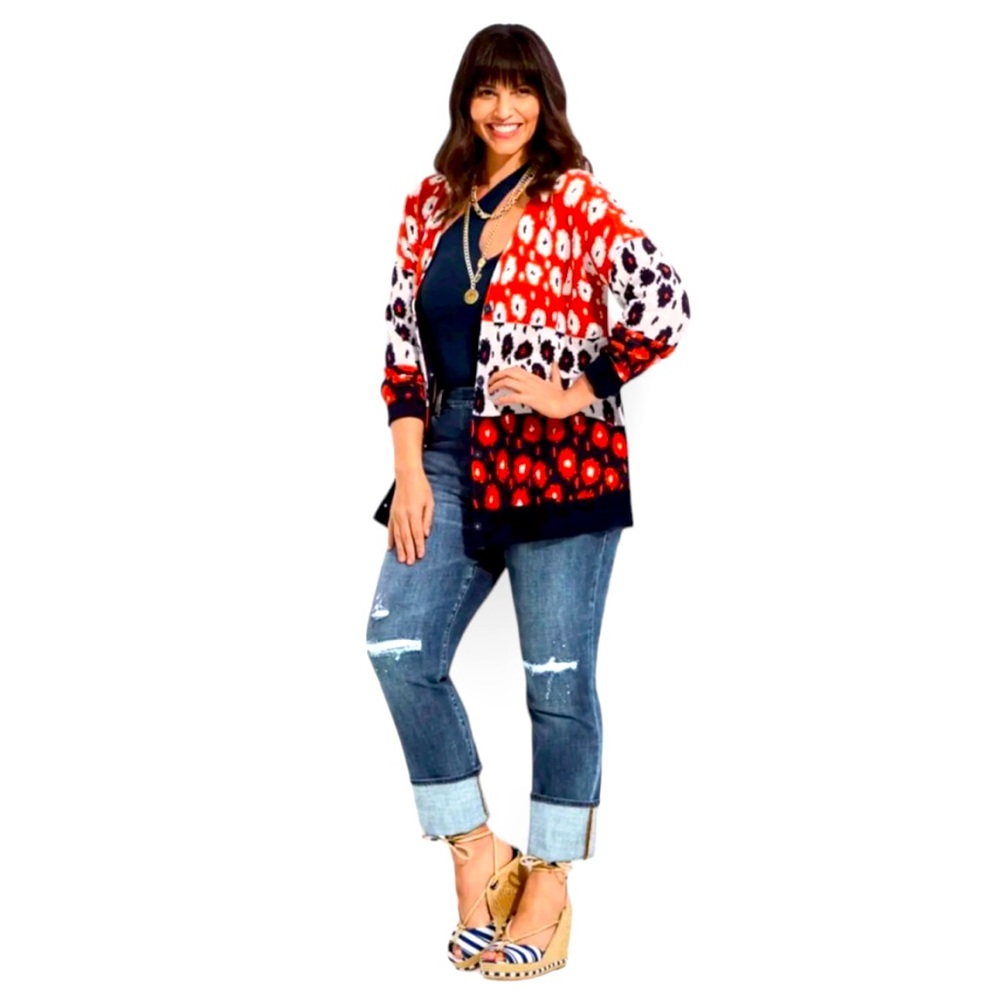 Cabi 6163 XS Upbeat Cardigan Cotton Sweater Animal Flower Pockets Long Red Blk